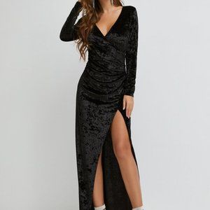Black Formal long sleeve Surplice Neck Ruched Wrap Velvet Dress